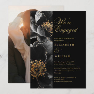 Black And Gold Chic Floral Engagement Party Photo Invitation