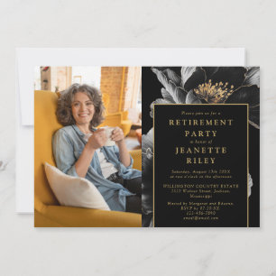 Black And Gold Chic Floral Retirement Party Photo Invitation