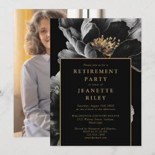 Black And Gold Chic Floral Retirement Party Photo Invitation
