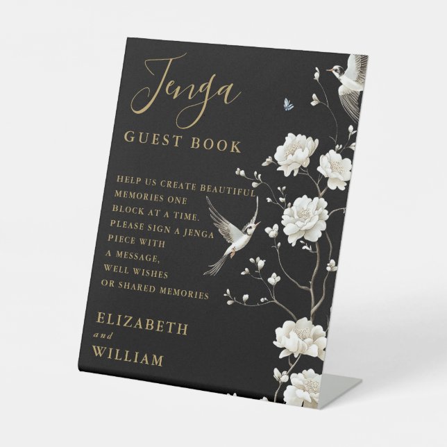 Black And Gold Chinoiserie Jenga Guestbook Wedding Pedestal Sign (Front)