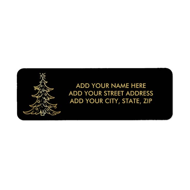 Black and Gold Christmas Tree Address Labels (Front)