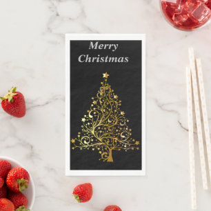 Black and  Gold Christmas Tree Merry Christmas Napkin