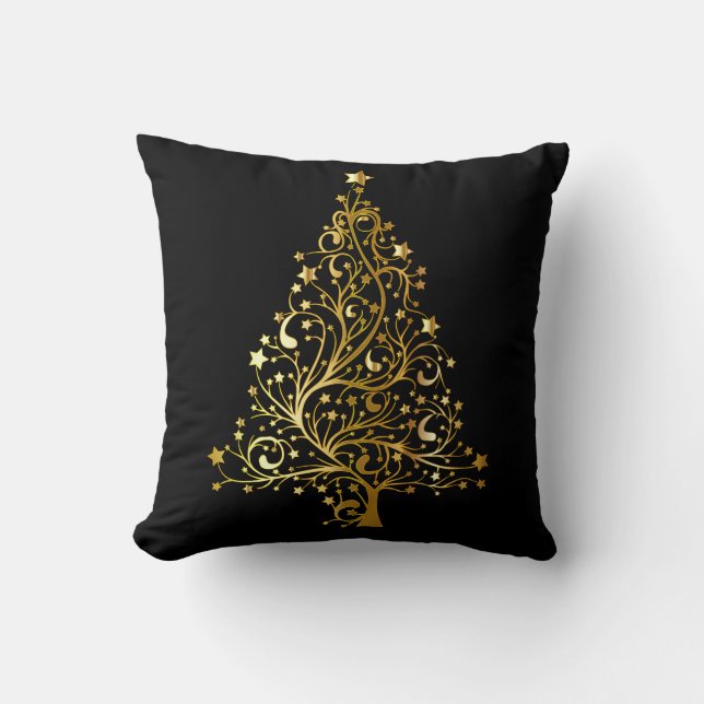 Black and Gold Christmas Tree Throw Pillow (Front)