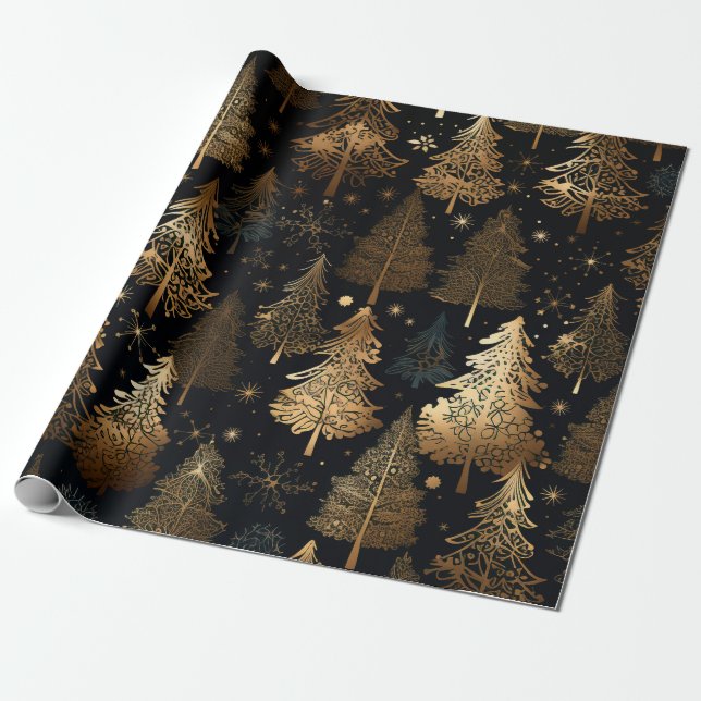 Black and Gold Christmas Trees Wrapping Paper (Unrolled)