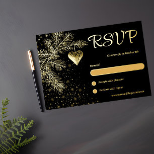 Black and Gold Christmas Winter Wedding RSVP Foil Holiday Card