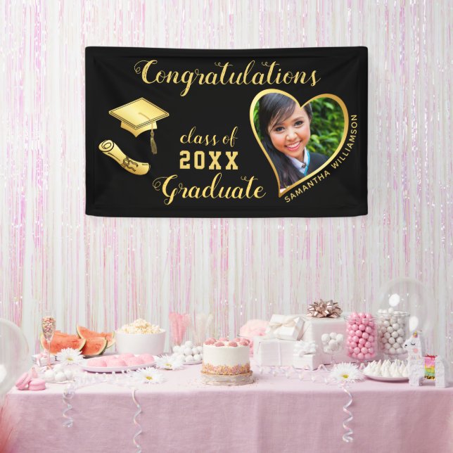 Black and Gold Class of 2025 Grad Photo Graduation Banner (Party)