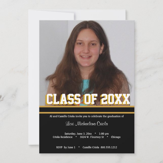 Black and Gold Class Of Graduation Party  Invite (Front)
