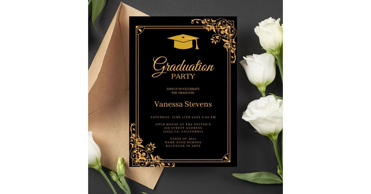 Black And Gold Classic Graduation Cap Party Invitation | Zazzle