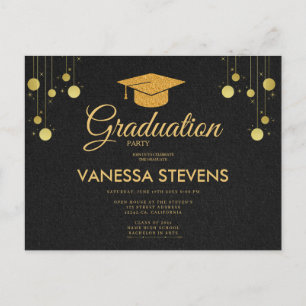 Black And Gold Classic Graduation Cap Party  Invitation Postcard