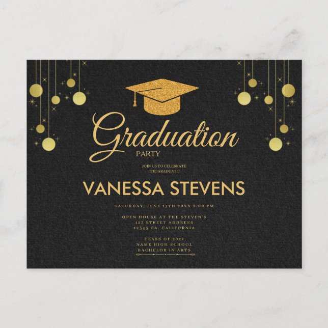 Black And Gold Classic Graduation Cap Party  Invitation Postcard (Front)