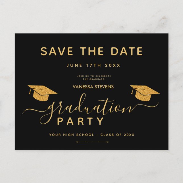 Black And Gold Classic Graduation Save the Date Invitation Postcard (Front)