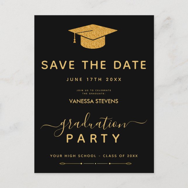 Black And Gold Classic Graduation Save the Date Invitation Postcard (Front)