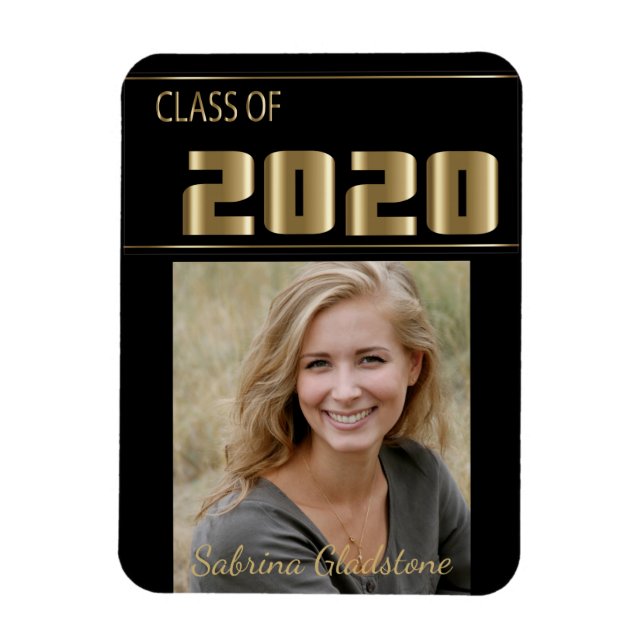 Black and Gold Classy Photo Graduation -2020 Magnet (Vertical)