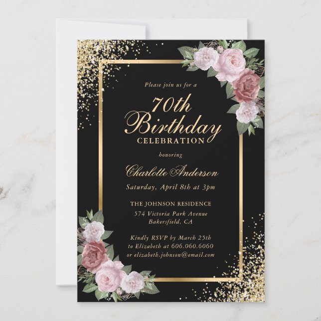 Black and Gold Confetti Blush Floral 70th Birthday Invitation (Front)