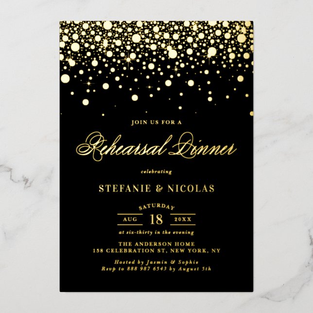 Black and Gold Confetti Dots Rehearsal Dinner (Front)