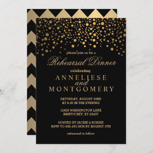 Black and Gold Confetti Rehearsal Dinner Invitation