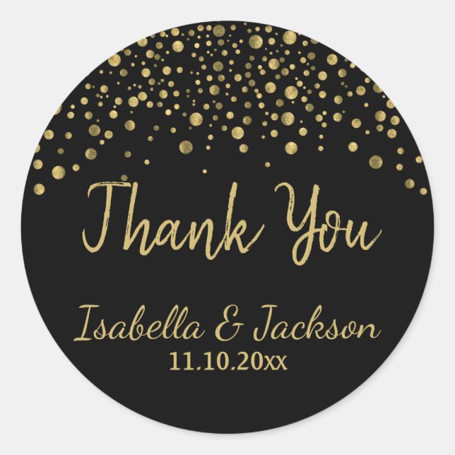 Black and Gold Confetti Thank You Design Classic Round Sticker (Front)