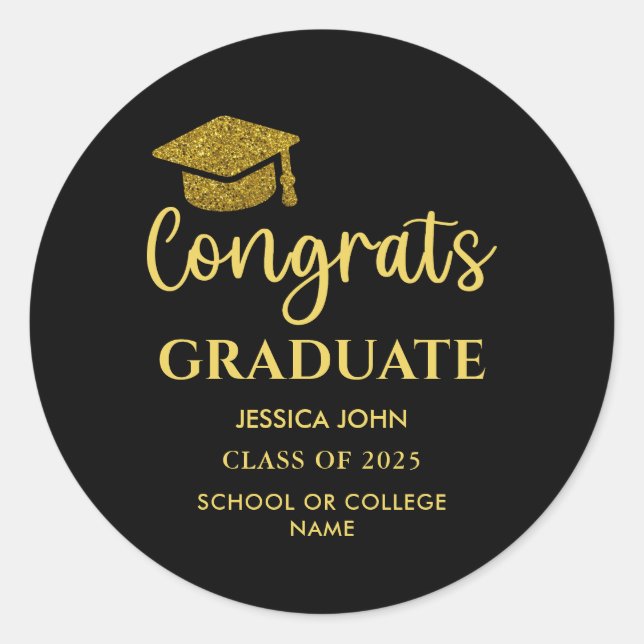 Black and Gold Congrats Graduate Graduation  Classic Round Sticker (Front)