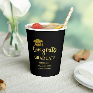 Black and Gold Congrats Graduate Graduation Paper Cups
