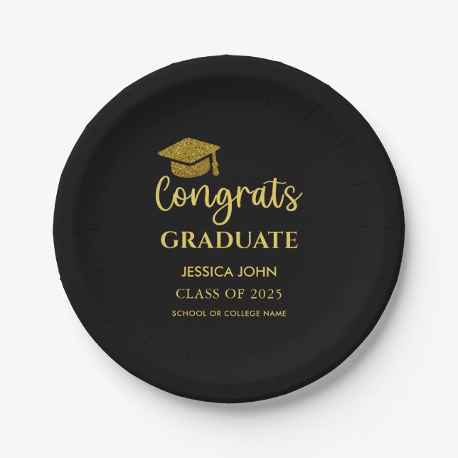 Black and Gold Congrats Graduate Graduation  Paper Plate (Front)