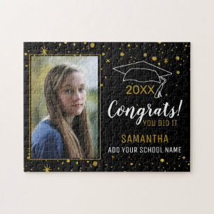 Black And Gold Congrats Graduate Photo Graduation Jigsaw Puzzle