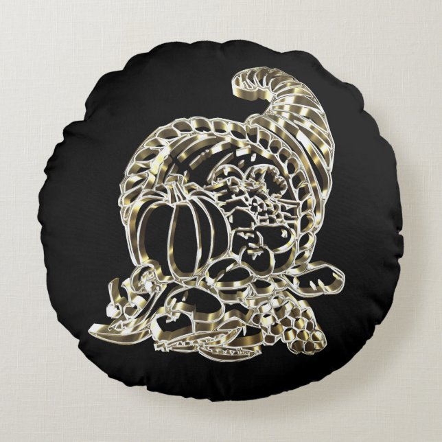 Black and Gold Cornucopia Happy Thanksgiving Round Pillow (Front)