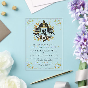 Black and Gold Country Wedding Acrylic Invitations