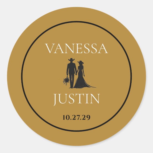 Black and Gold Country Wedding Classic Round Sticker (Front)