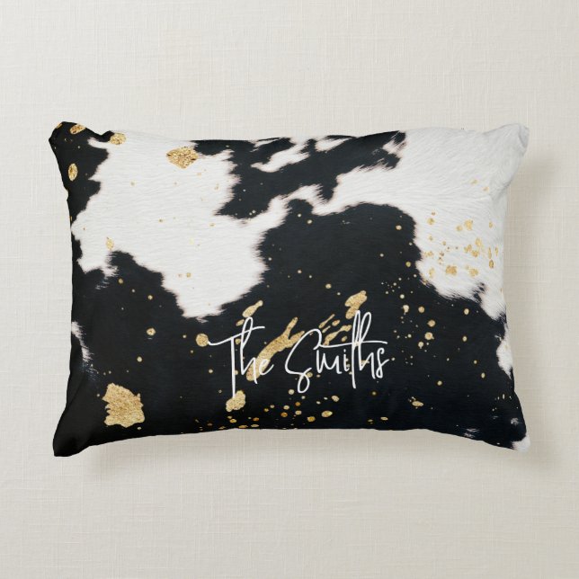 Black and Gold Cowhide Accent Pillow (Front)