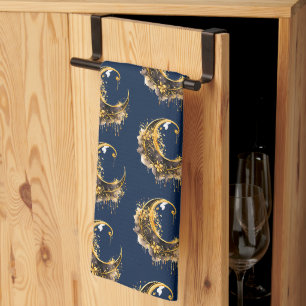Black and Gold Crescent Moon Pattern Halloween Kitchen Towel
