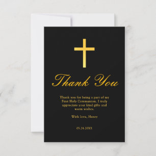 Black and Gold Cross First Communion Thank You Card