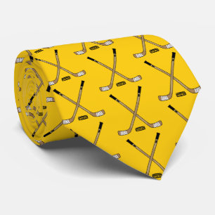 Black and Gold Crossed Hockey Sticks and Puck Tie