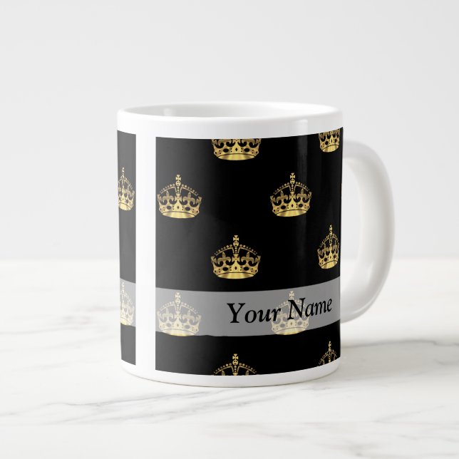 Black and gold crown pattern large coffee mug (Front Right)