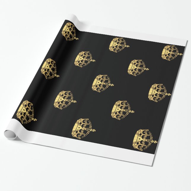 Black and gold crown pattern wrapping paper (Unrolled)