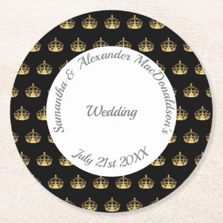Black and gold crown wedding round paper coaster