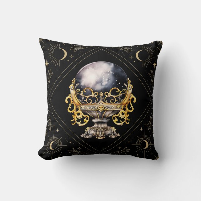 Black and Gold Crystal Ball Mystical Halloween Throw Pillow (Front)