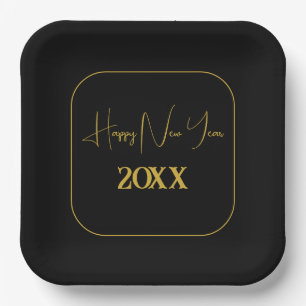 Black and Gold Custom Minimal New Year Paper Plate