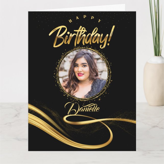 Black and gold custom photo elegant birthday card  (Front)