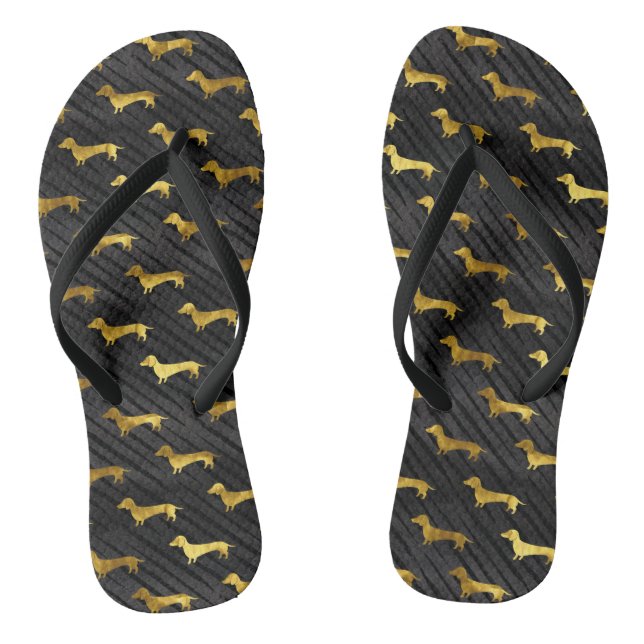 Black and Gold Dachshund Pattern Flip Flops (Footbed)
