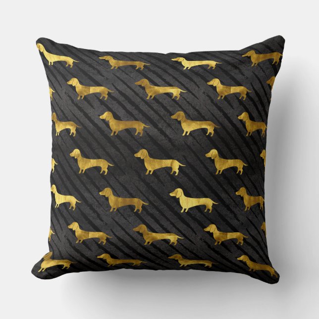 Black and Gold Dachshund Pattern Throw Pillow (Front)