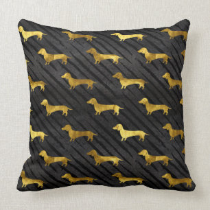 Black and Gold Dachshund Pattern Throw Pillow