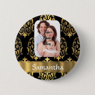 Black and gold damask 2 inch round button