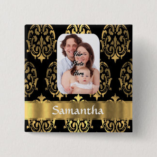 Black and gold damask 2 inch square button