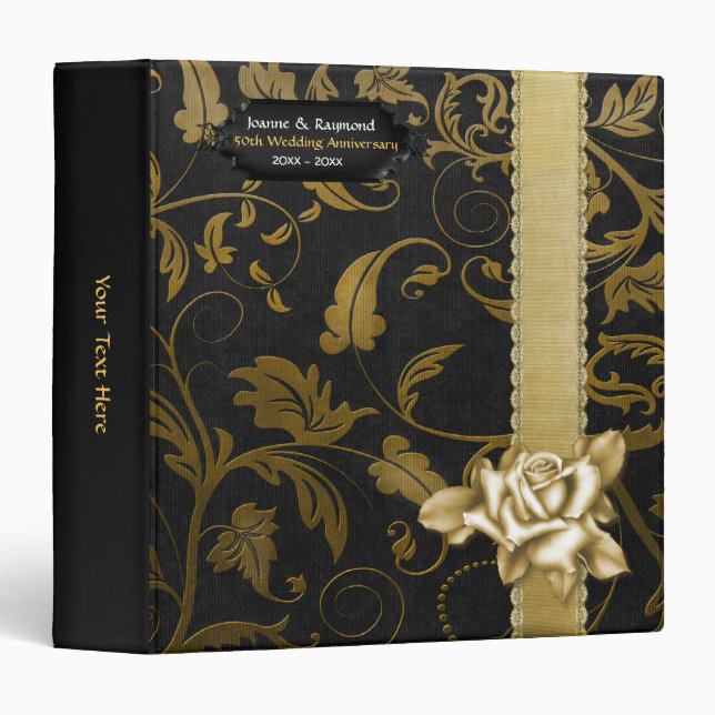 Black and Gold Damask 50th Wedding Anniversary Binder (Front/Spine)