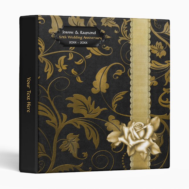 Black and Gold Damask 50th Wedding Anniversary Binder (Front/Spine)