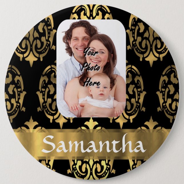 Black and gold damask 6 inch round button (Front)