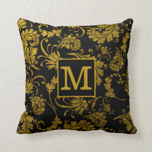Black And Gold Damask Family Name Monogram Throw Pillow