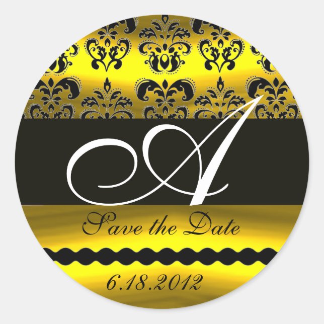 BLACK AND GOLD DAMASK MONOGRAM CLASSIC ROUND STICKER (Front)