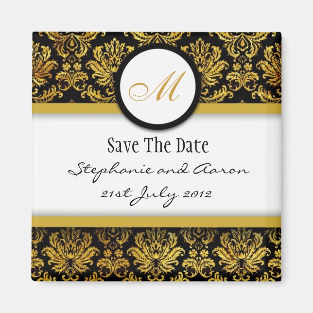 Black and Gold Damask Monogram Save The Date Magnet (Front)