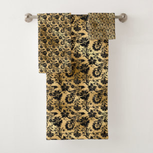 Black and Gold Damask Pattern Bath Towel Set